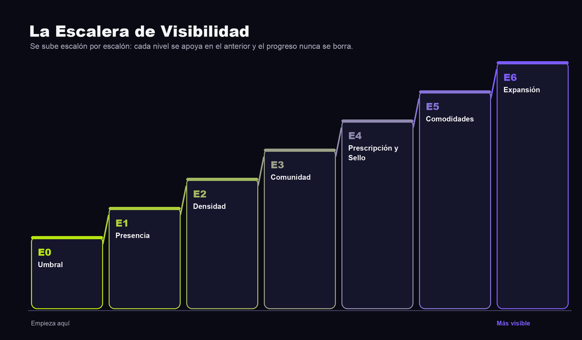 La Escalera de Visibilidad: siete escalones ascendentes, de E0 Umbral (el más bajo) a E6 Expansión (el más alto), que se suben en orden.