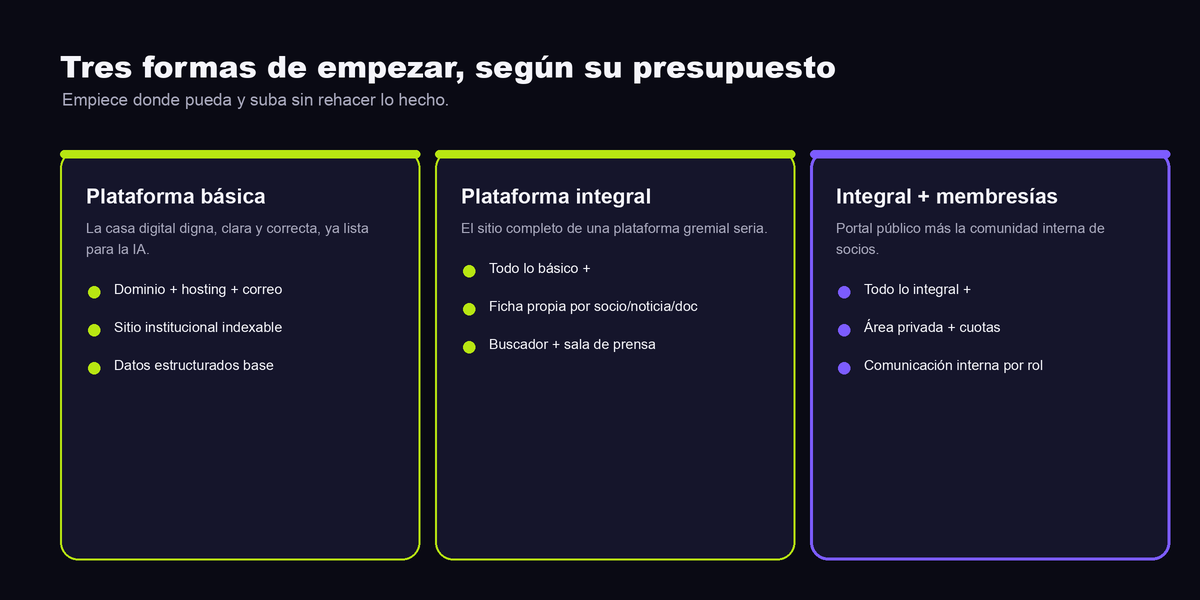 Tres formas de empezar: Plataforma básica, Plataforma integral y Plataforma integral más membresías.